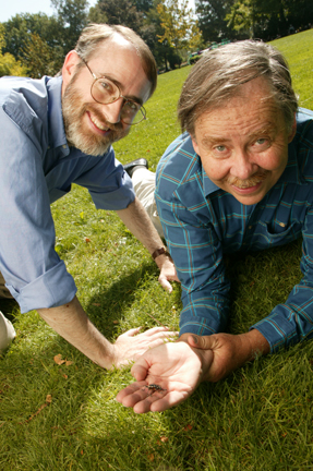 Tom Dietterich lies on a grassy field with a colleague, both smiling as they hold a bug out for the camera.