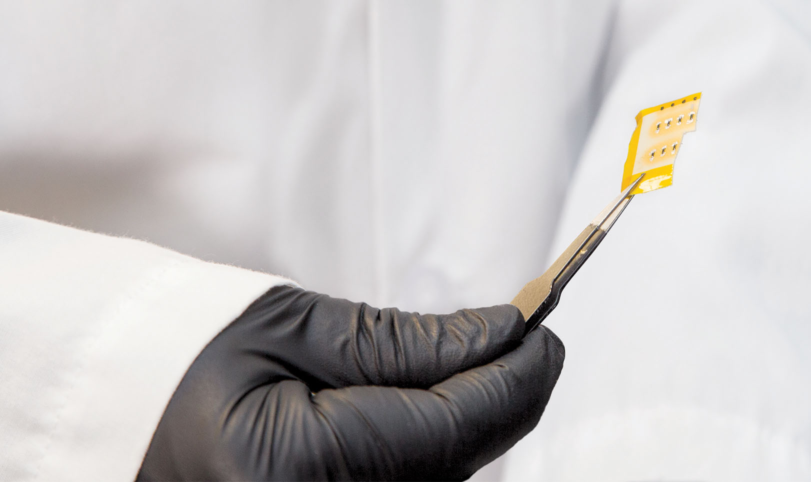Researcher displaying a small yellow material held by a pair of tweezers.