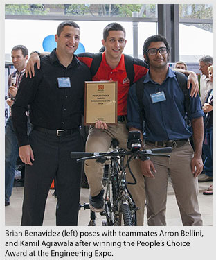 Brian Benavidez with teammates Arron Bellini and Kamil Agrawala at Engineering Expo