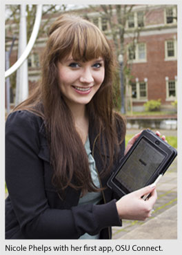 Nicole Phelps showing her first application on a tablet.