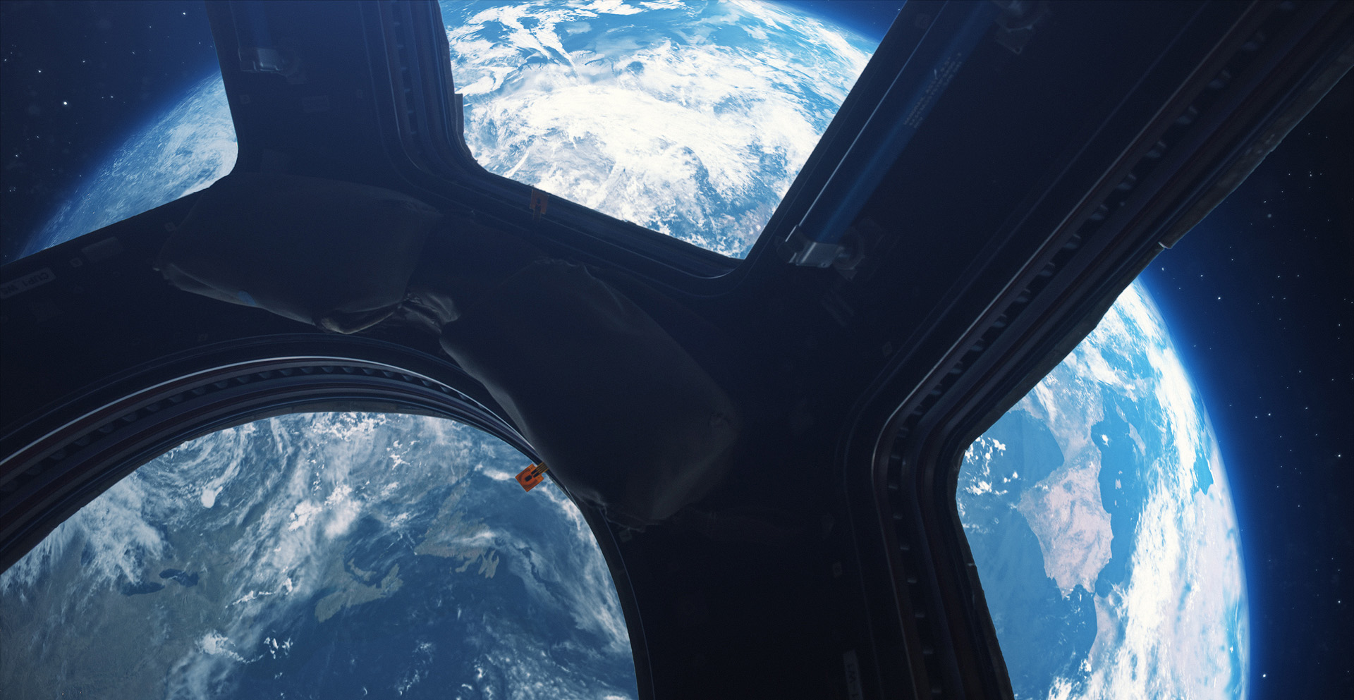 A view of Earth from the inside of a rocket in space.