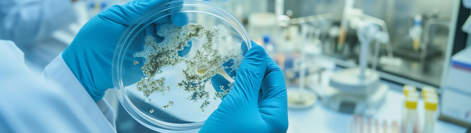 A lab technician holding up a petri dish containing an unknown culture.