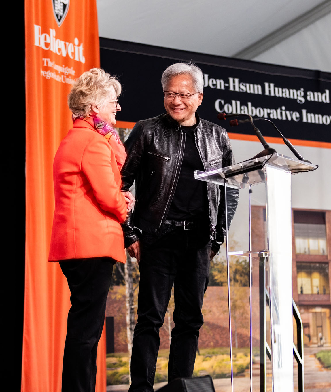 Jen-Hsun Huang and Lori Mills Huang celebrating the opening of the Jen-Hsun Huang and Lori Mills Huang Collaborative Innovation Complex.