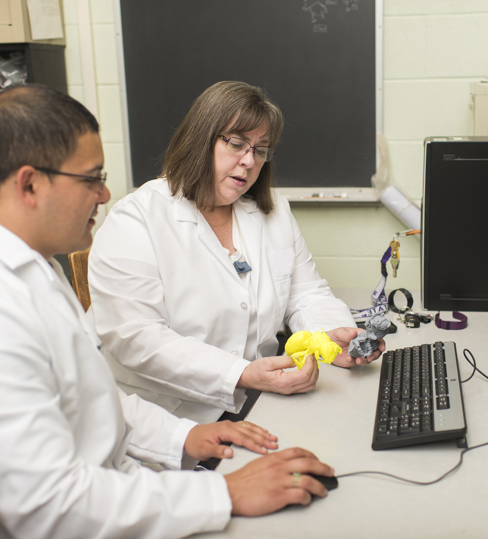 Kathryn Higley, professor of Radiation Health Physics, having a discussion with a colleague in front of a computer.