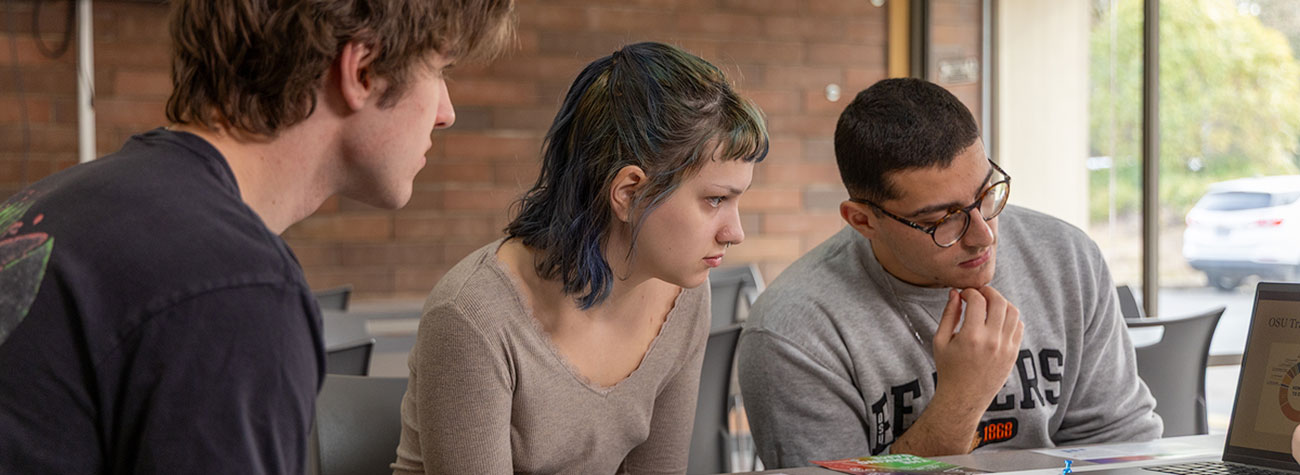 Three students looking at a computer screen inquisitively. 