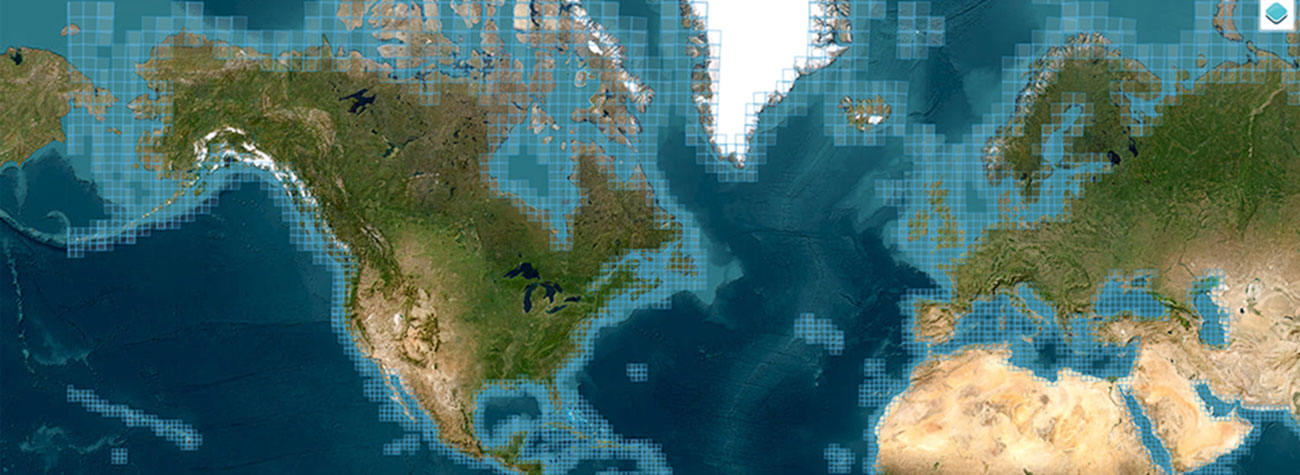 An aerial satellite map with North America and portions of South America, Africa, and Europe in view.