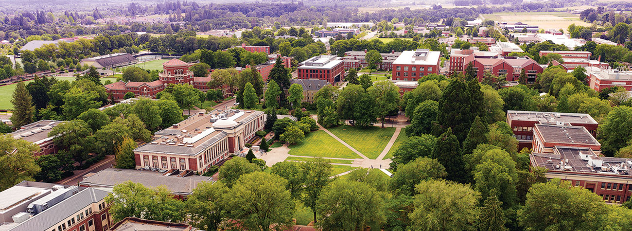 An aerial photo of Oregon State University's union memorial building. 