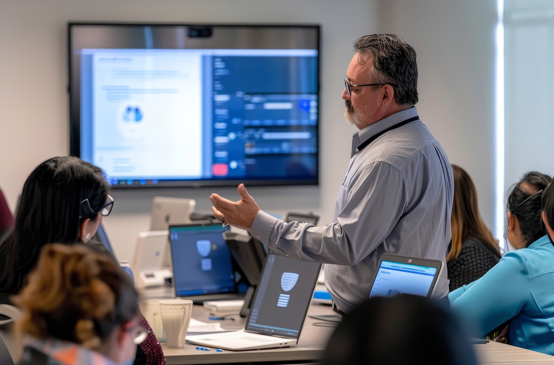 Cybersecurity professor helping students working on laptops in a classroom.