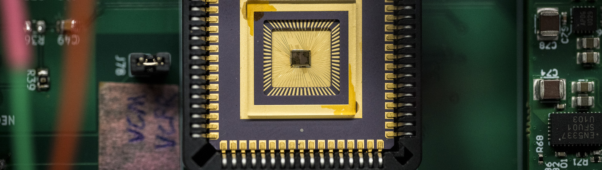 A close up of a semiconductor chip.