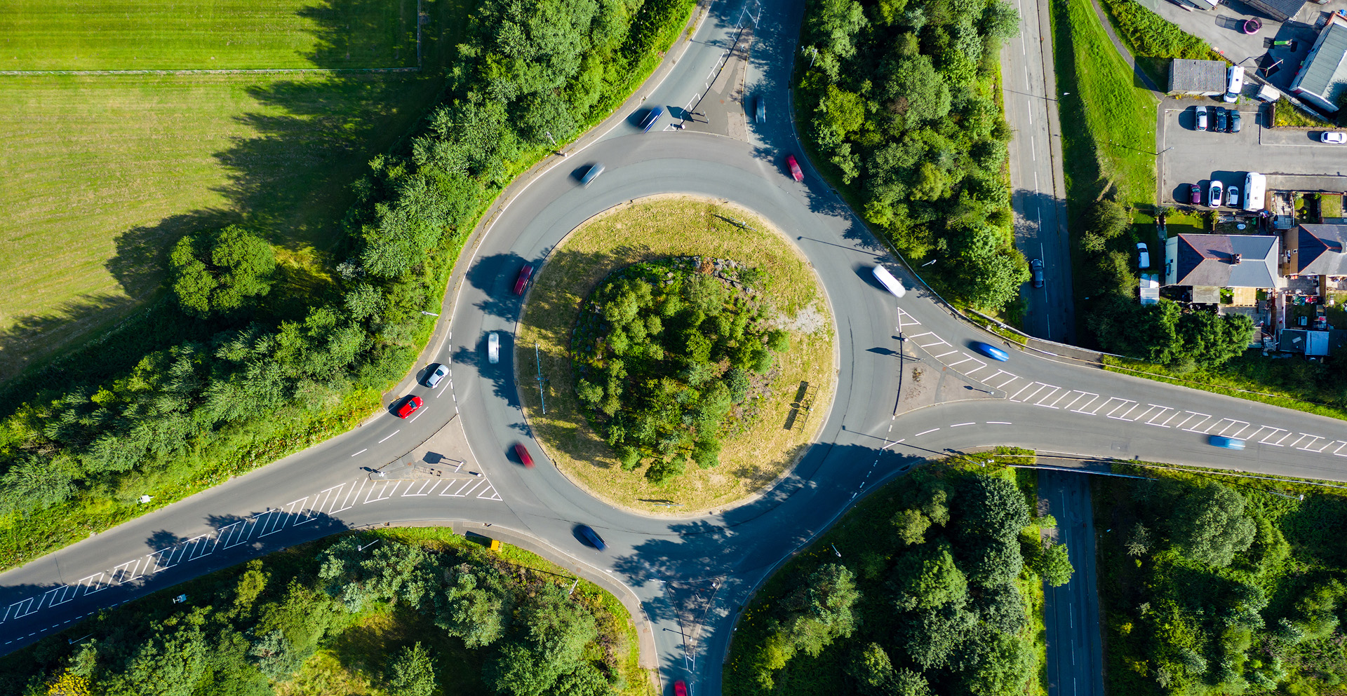 An aerial view of a roundabout.