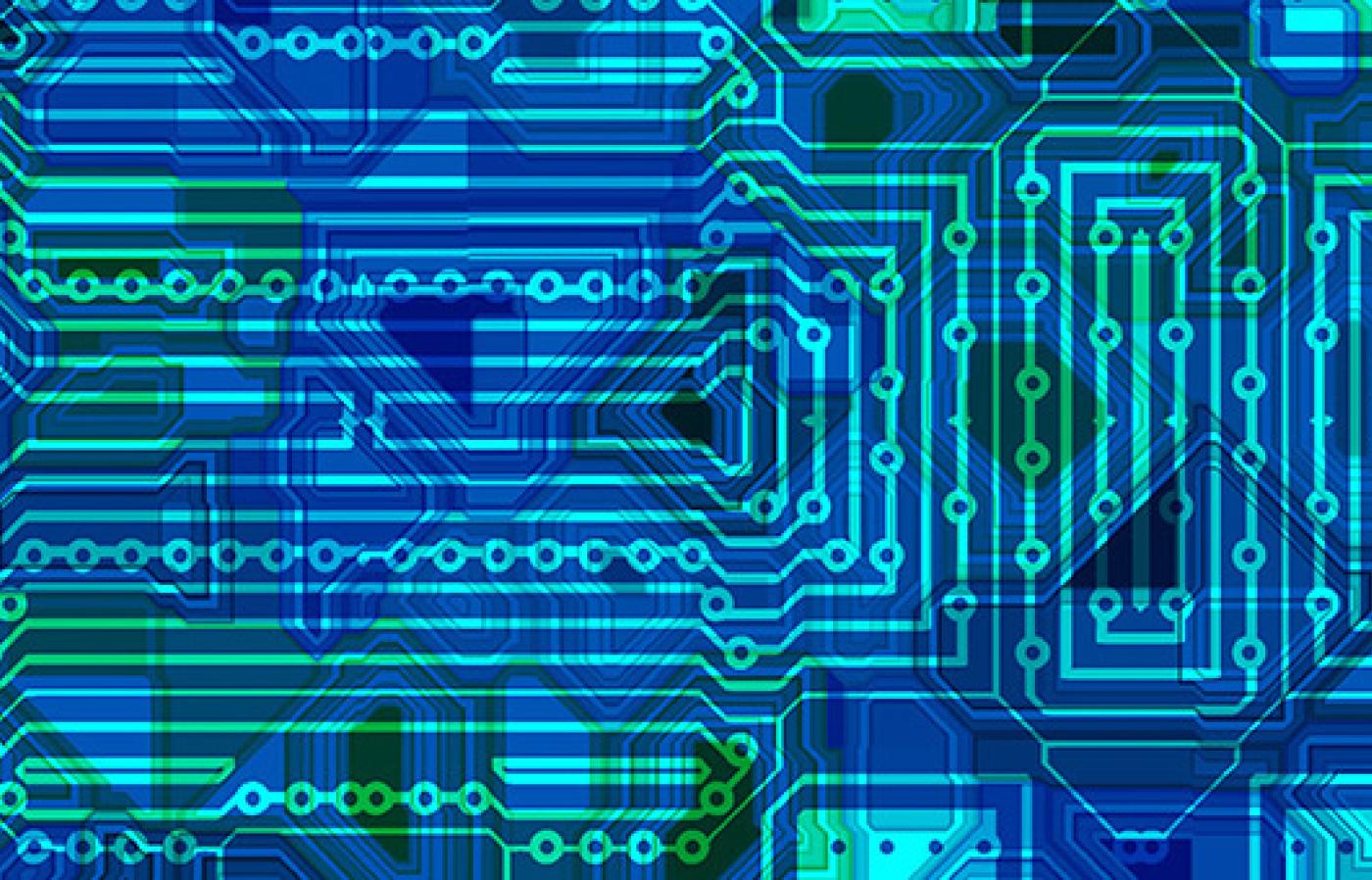 Blue and green intricate circuit design.