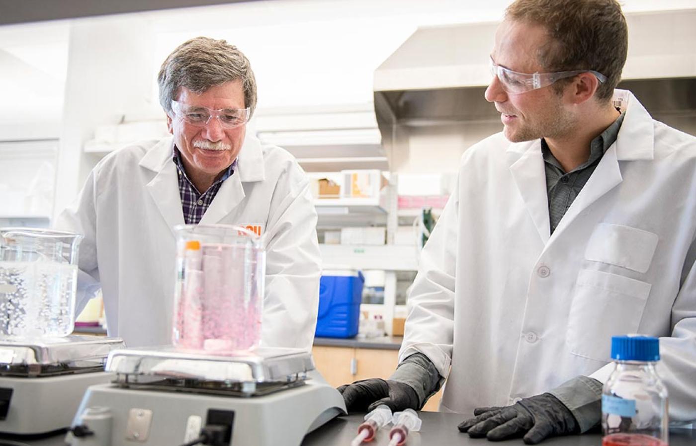 Two faculty members are working in a laboratory
