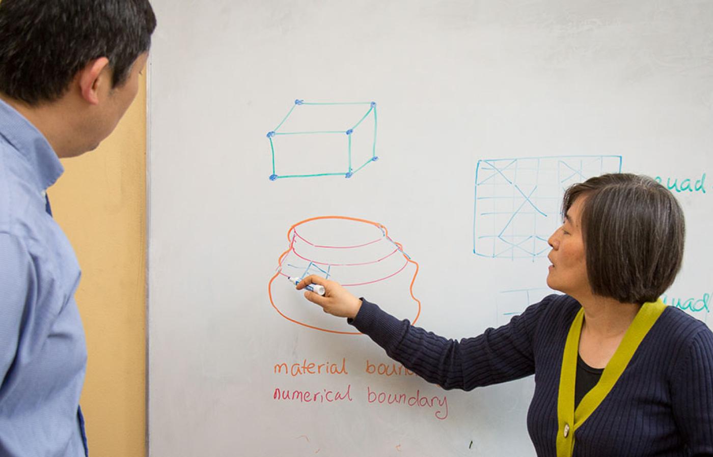 Eugene Zhang and Yue Zhang working on a whiteboard.