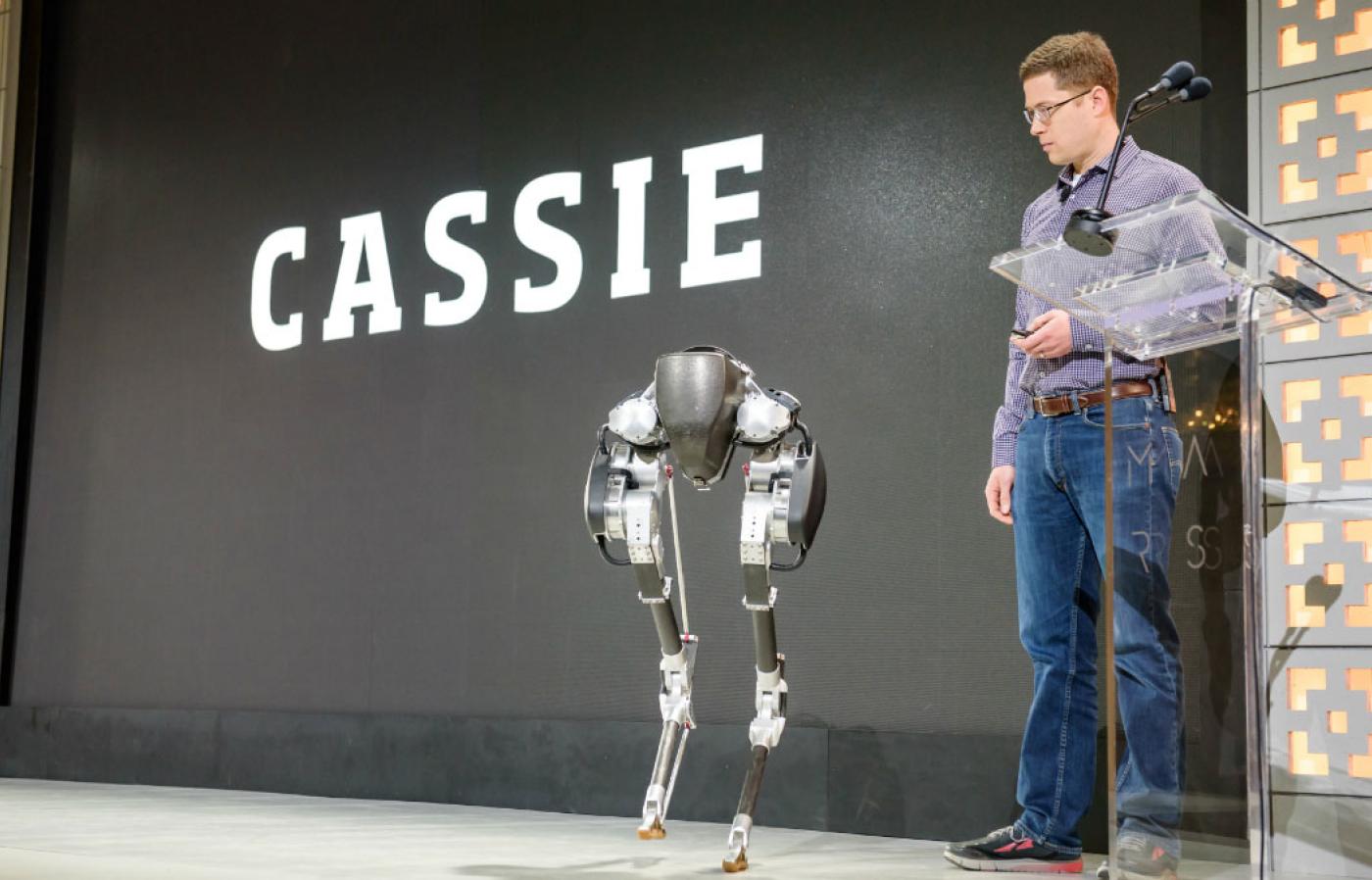 Jonathan Hurst demonstrating Cassie the robot at Amazon's MARS conference.