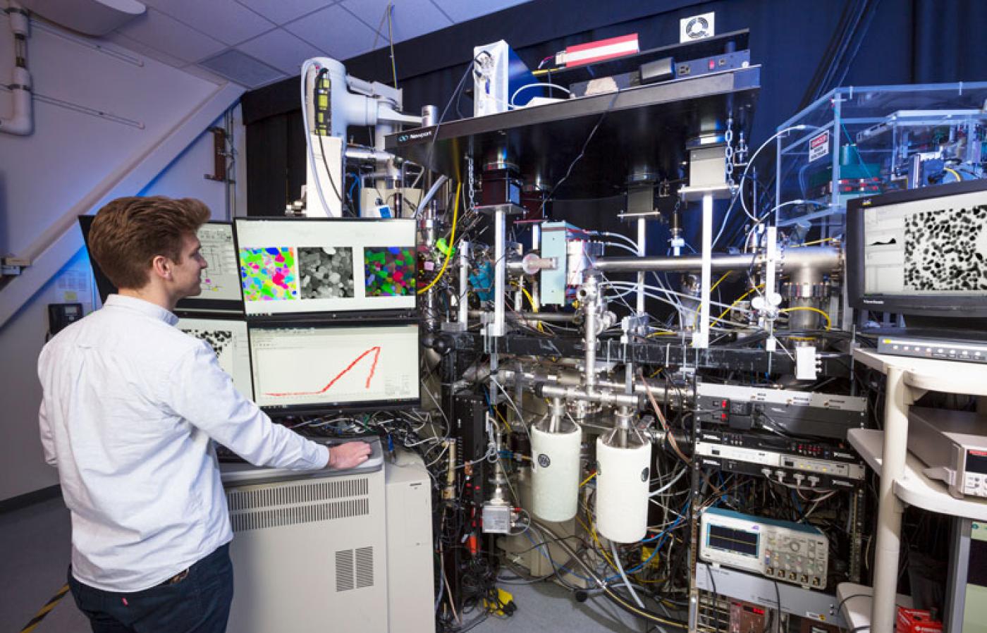 Samuel Briggs collecting data on an In-Situ Ion Irradiation Transmission Electron Microscope.