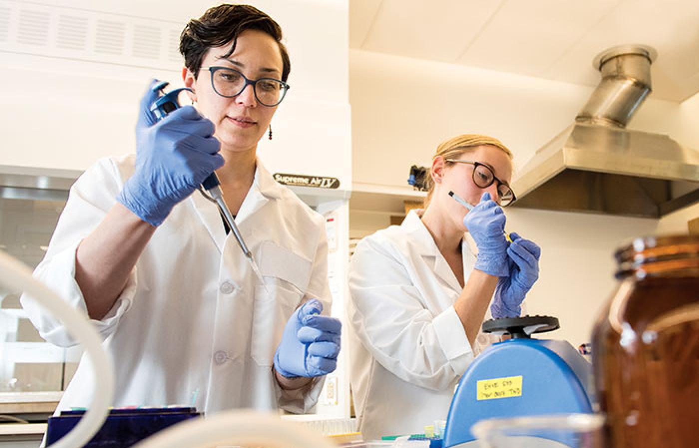Two researchers wearing lab coats and disposable gloves while working on a experiment.