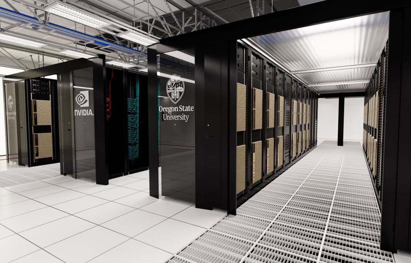 Several servers lined up in a room.