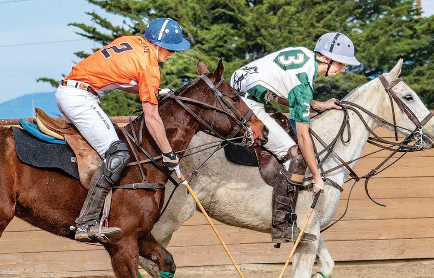 Two people riding horses in polo gear swinging mallets.