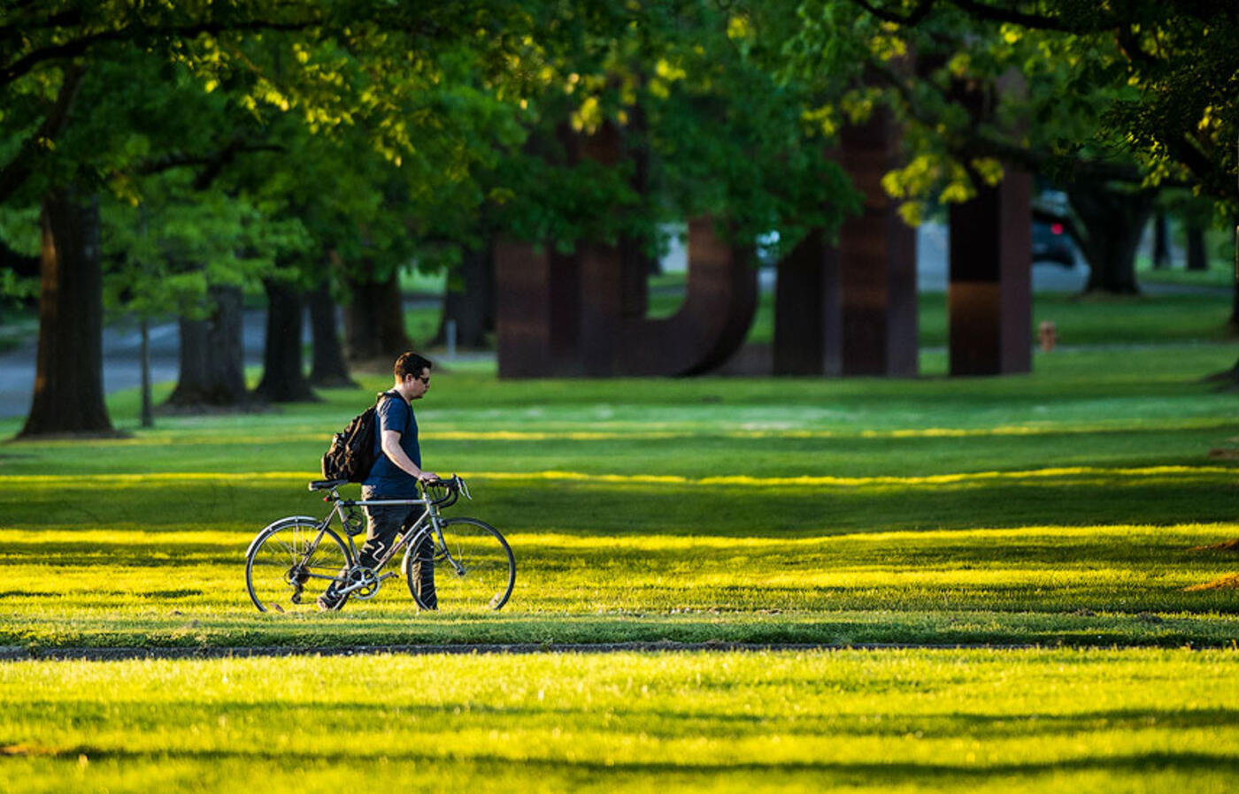 A person wearing a backpack pushes a bicycle down a tree-lined path in sunlight.