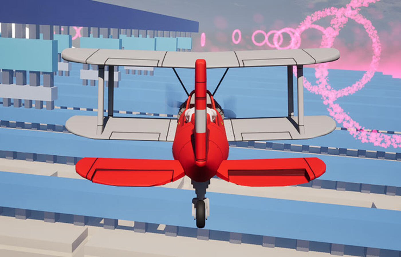 A red biplane flies forward through a stylized, computer‑generated cityscape of blue geometric buildings in a virtual environment.
