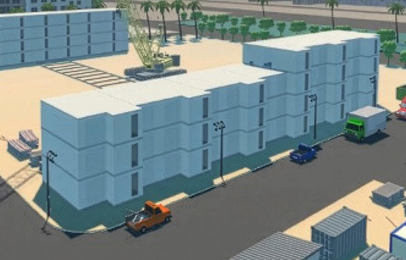  A digital rendering of an urban environment with modern buildings and wide streets with parked cars and trucks and a construction crane in the background.