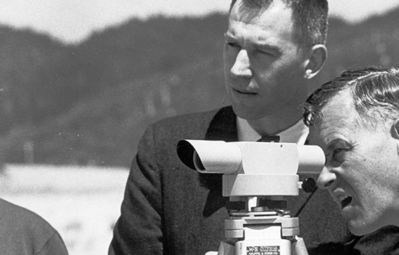 Robert "Bob" Schultz with Sidney Bazett and Tom McCall surveying at Rockaway Beach in 1967.
