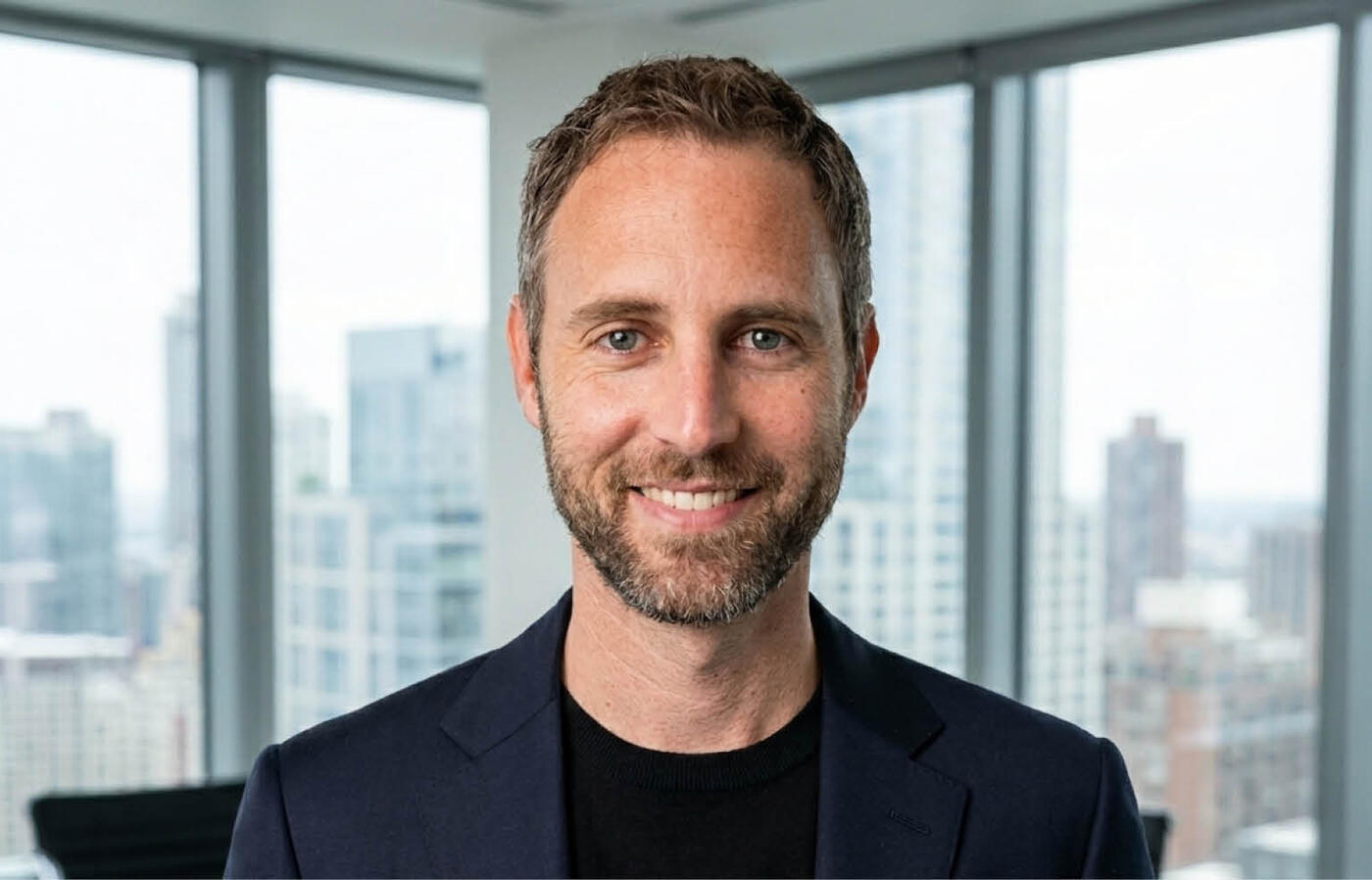 A person wears a dark suit in an office setting and looks toward the camera with tall windows and a city skyline in the background.
