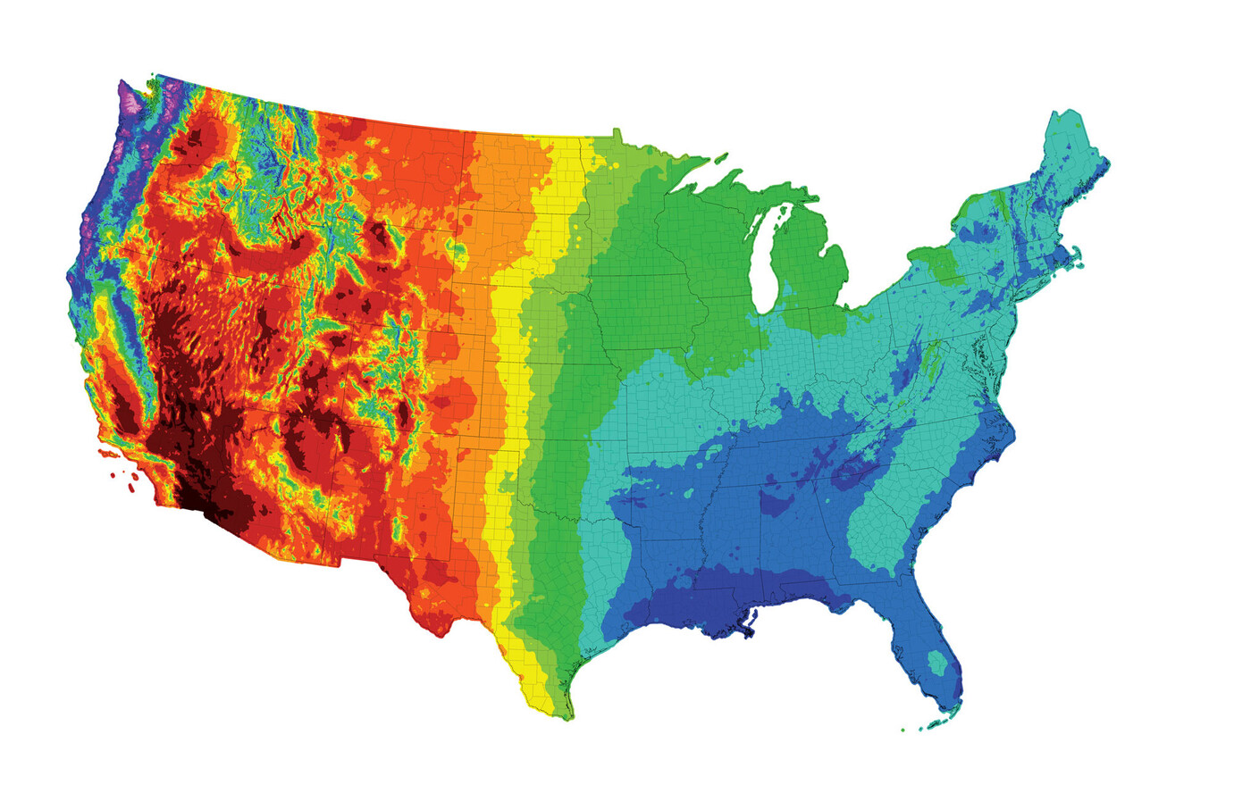 Color-coded map of the United States indicating annual rainfall.