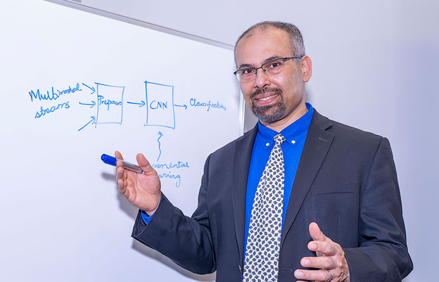 Saurabh Bagchi wears a blue suit and stands in front of a whiteboard with a hand-drawn illustration of workflow on the board behind him.