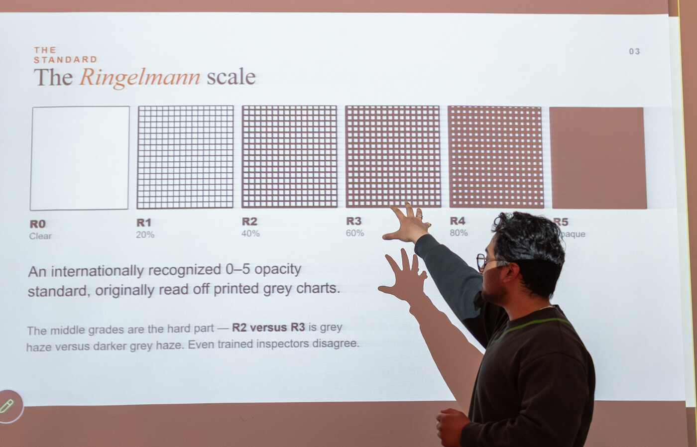 A person points to a projected image of the Ringelmann scale, showing a progression of shaded grids, from clear to opaque.