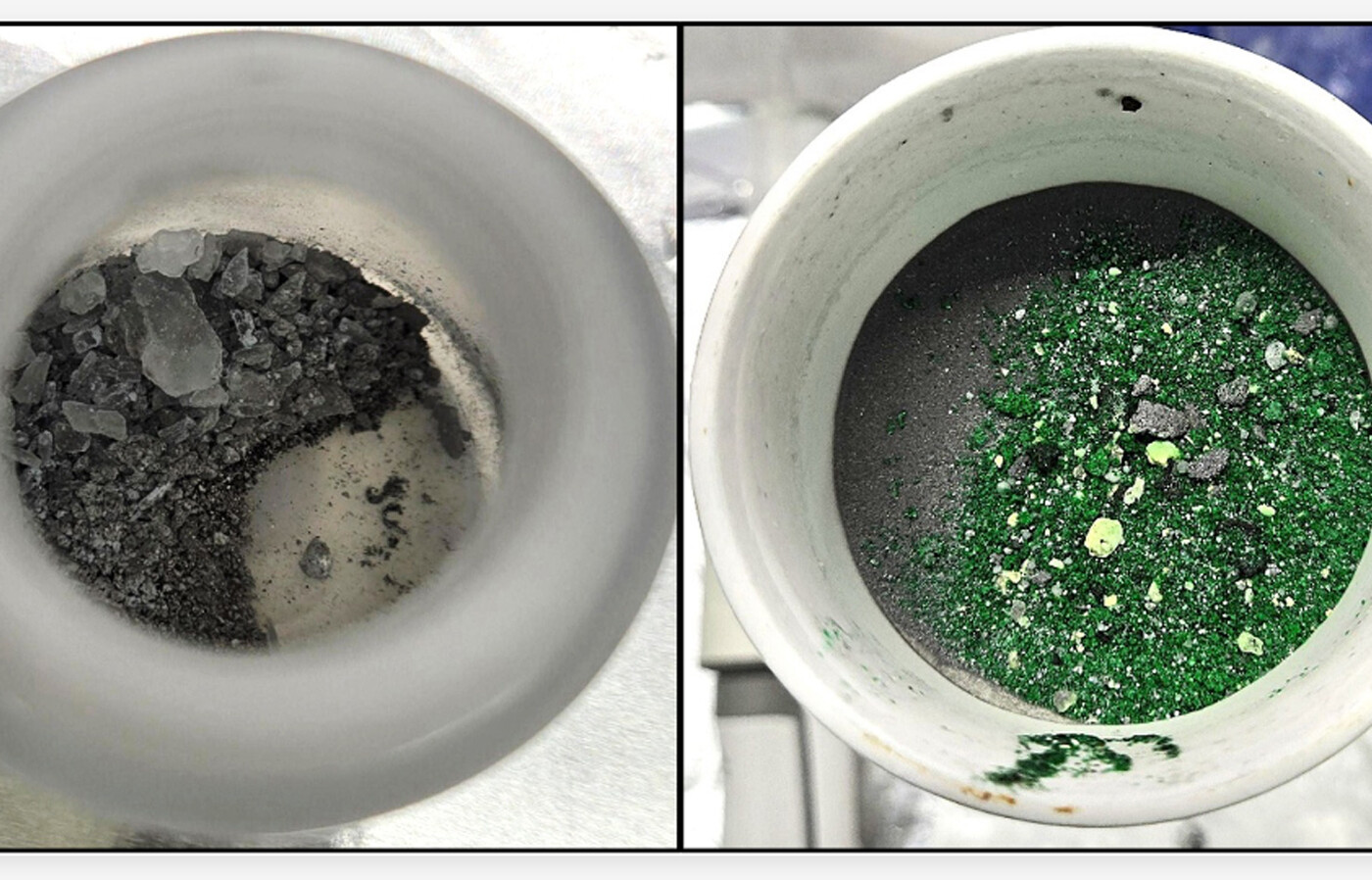 Side-by-side comparison showing uranium dioxide converted into green uranium fluoride during a chemical process.