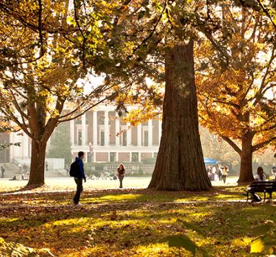 Picture of the memorial union building in the fall.