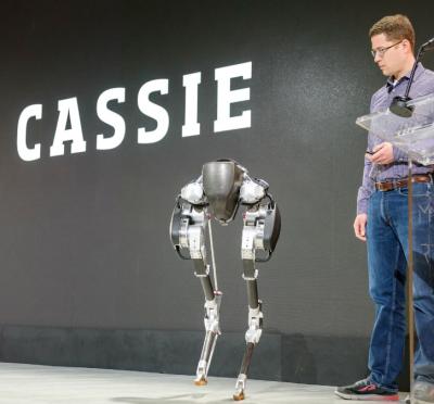 Jonathan Hurst demonstrating Cassie the robot at Amazon's MARS conference.
