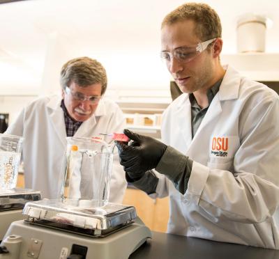 Two researchers working on a experiment.