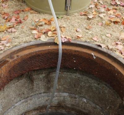 A sewer entry with leaves around it.