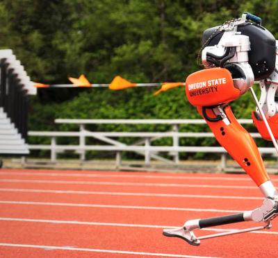 Cassie the robot running on a track