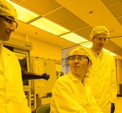 Nirmala Kandadai and students in the clean room