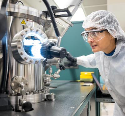 Someone doing work in a clean room.