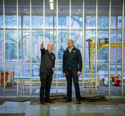 Dave Nevin (left) and Rakesh Bobba make plans for ORTSOC's new home in the Kelley Engineering Center.