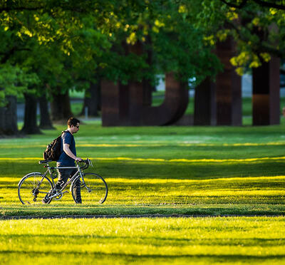 A person wearing a backpack pushes a bicycle down a tree-lined path in sunlight.