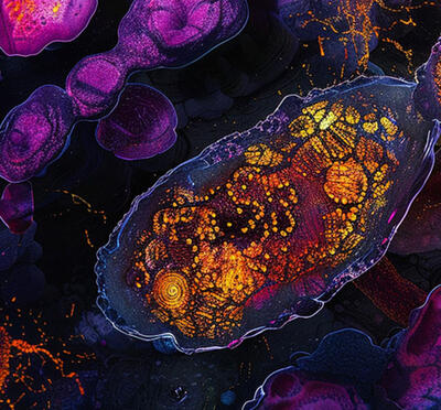 Magnified cells at high contrast.