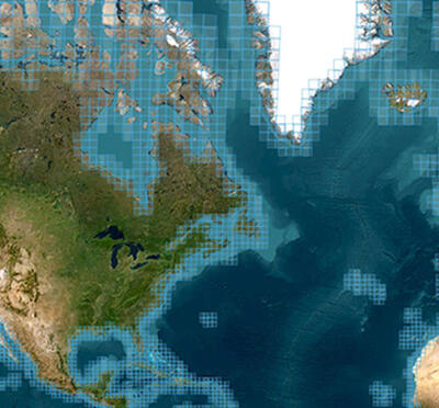 An aerial satellite map with North America and portions of South America, Africa, and Europe in view.