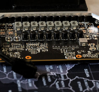 A close-up view of a graphics card. 