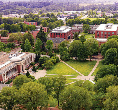 An aerial photo of Oregon State University's union memorial building. 