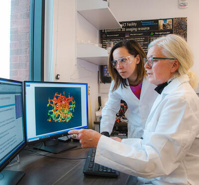 Two researchers looking at a computer screen.