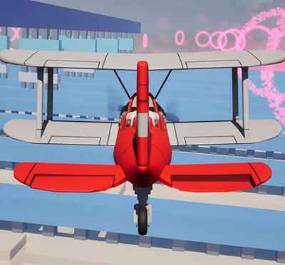 A red biplane flies forward through a stylized, computer‑generated cityscape of blue geometric buildings in a virtual environment.
