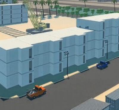  A digital rendering of an urban environment with modern buildings and wide streets with parked cars and trucks and a construction crane in the background.