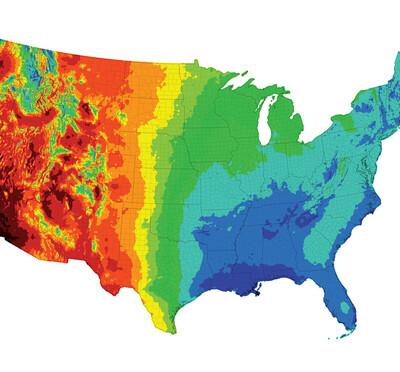 Color-coded map of the United States indicating annual rainfall.