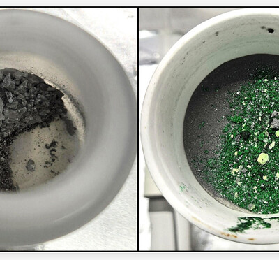 Side-by-side comparison showing uranium dioxide converted into green uranium fluoride during a chemical process.