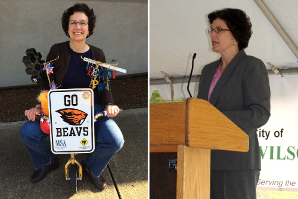 Collage of Delora Kerber sitting on a "Go Beavs" bike and giving a talk. 